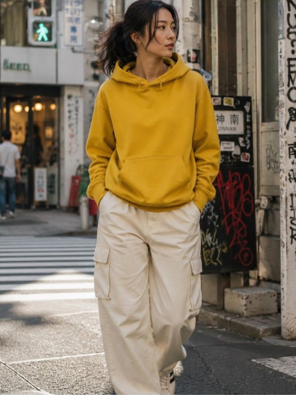 Sunny Cloud Japanese Yellow Cotton Hoodie Large  Street Minimalist Casual